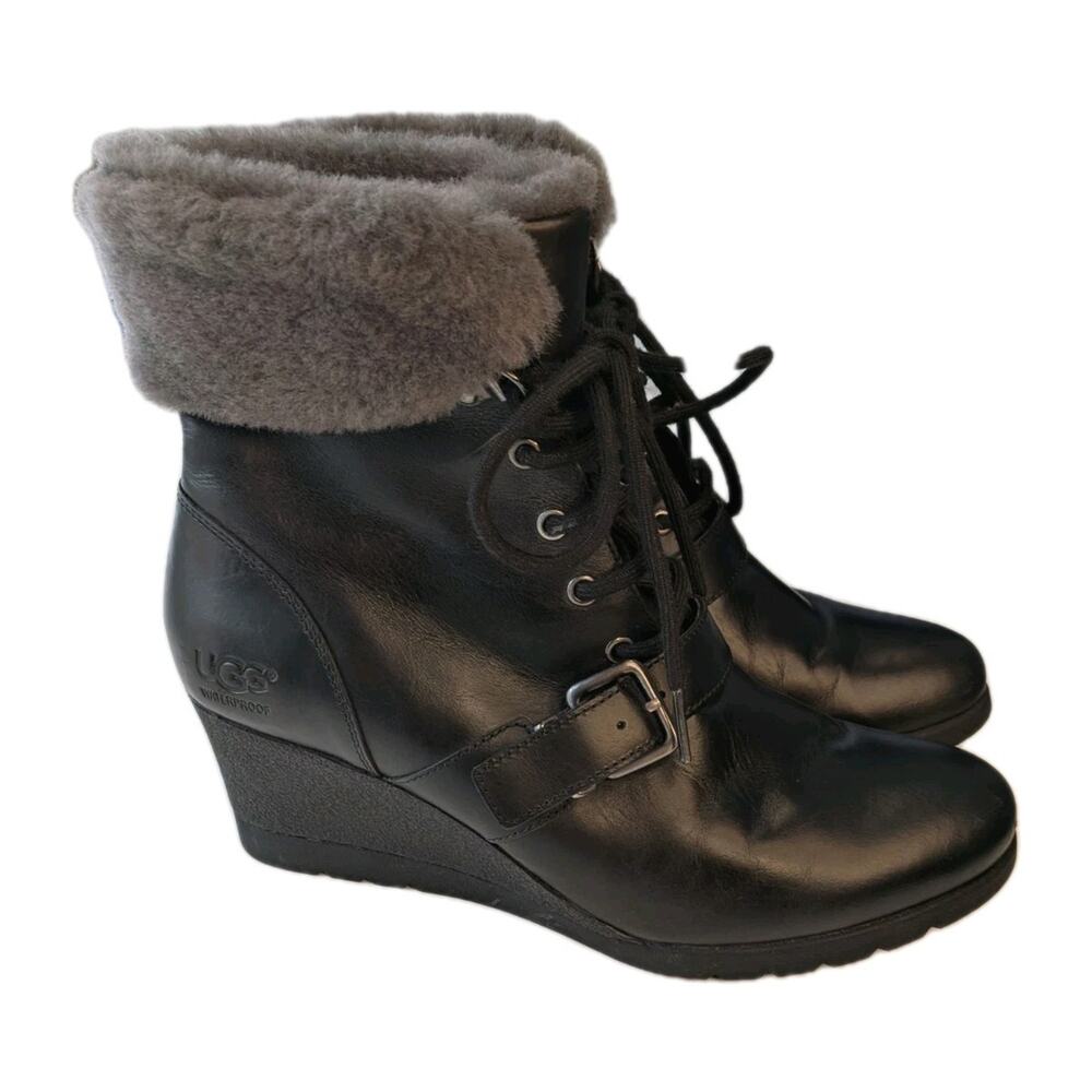 UGG Wedge Boot "Janney" Lace Up Leather Waterproof Shearling-Lined Black Size 9